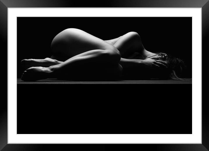 Nude woman fine art naked lying sleeping on black Framed Mounted Print by Alessandro Della Torre