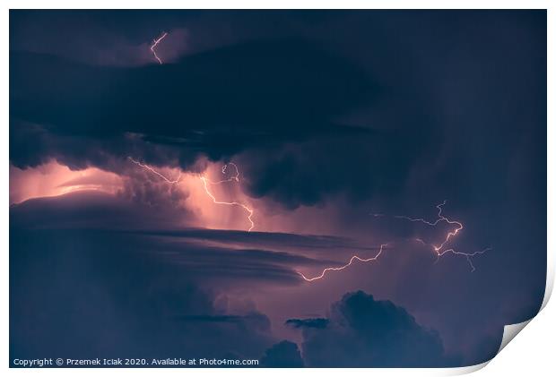 Lightning strike on the dark cloudy sky Print by Przemek Iciak