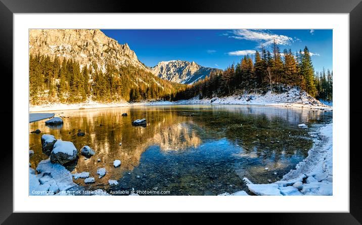 Peaceful mountain panorama view with famous green lake in Austria Styria. Tourist destination lake Gruner See in winter. Framed Mounted Print by Przemek Iciak