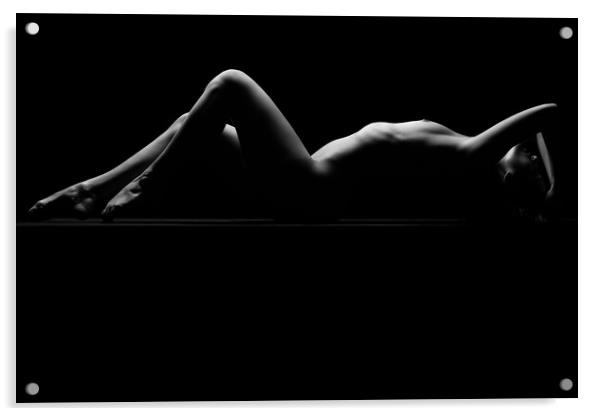 a woman nude and naked in fine art photography bodyscape laying on black studio background Acrylic by Alessandro Della Torre