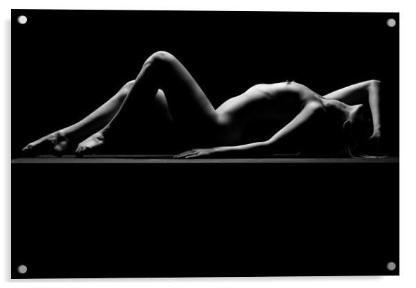 a woman nude and naked in fine art photography bodyscape laying on black studio background Acrylic by Alessandro Della Torre