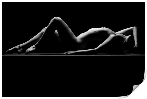 a woman nude and naked in fine art photography bodyscape laying on black studio background Print by Alessandro Della Torre
