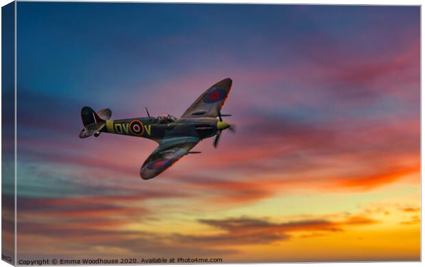 Supermarine Spifire at sunset Canvas Print by Emma Woodhouse