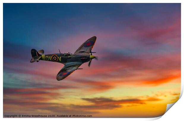 Supermarine Spifire at sunset Print by Emma Woodhouse