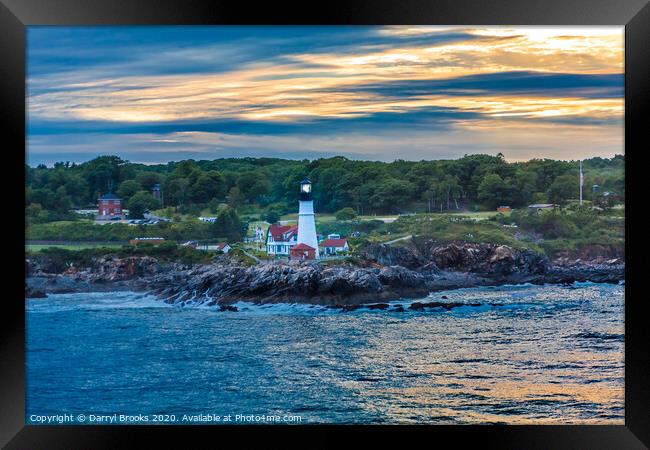 Portland Head Lighthouse from Sea at Sunset Framed Print by Darryl Brooks