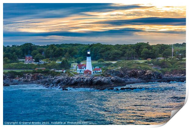 Portland Head Lighthouse from Sea at Sunset Print by Darryl Brooks