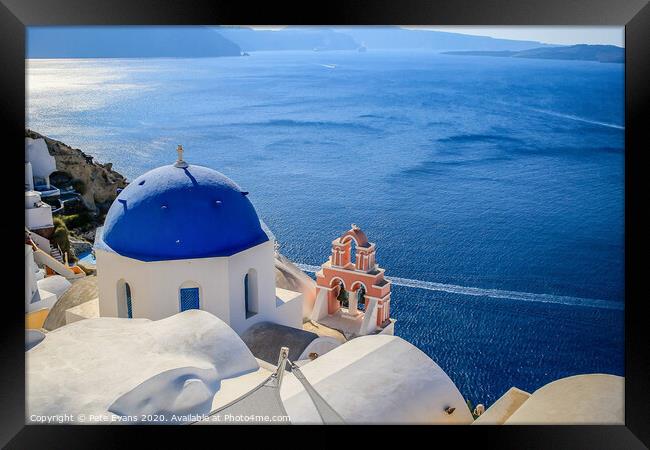 Santorini in Blue and White Framed Print by Pete Evans
