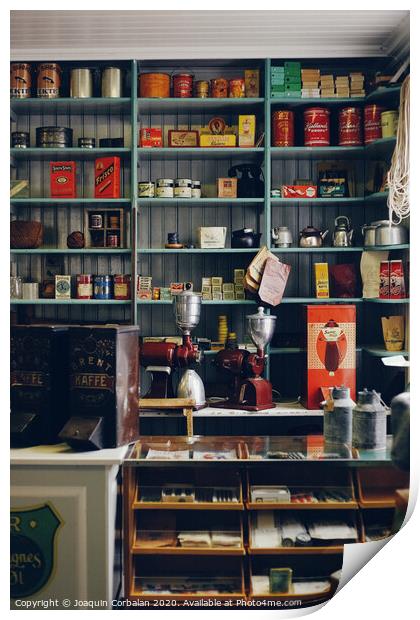 Shelves with products in old store Print by Joaquin Corbalan