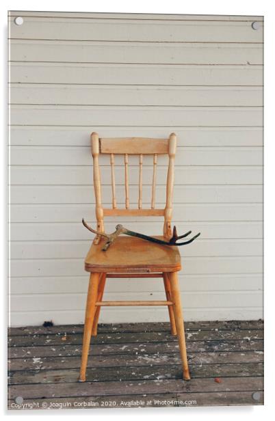 Old vintage wooden chair, with deer antlers Acrylic by Joaquin Corbalan