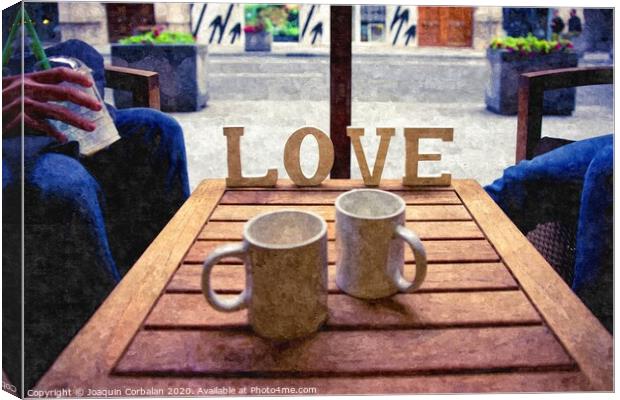Word Love next to two cups of coffee on a table in a cafeteria, digital art oil painting from a photograph. Canvas Print by Joaquin Corbalan