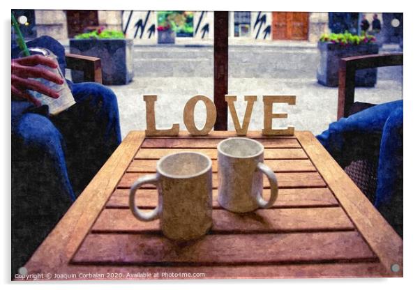 Word Love next to two cups of coffee on a table in a cafeteria, digital art oil painting from a photograph. Acrylic by Joaquin Corbalan
