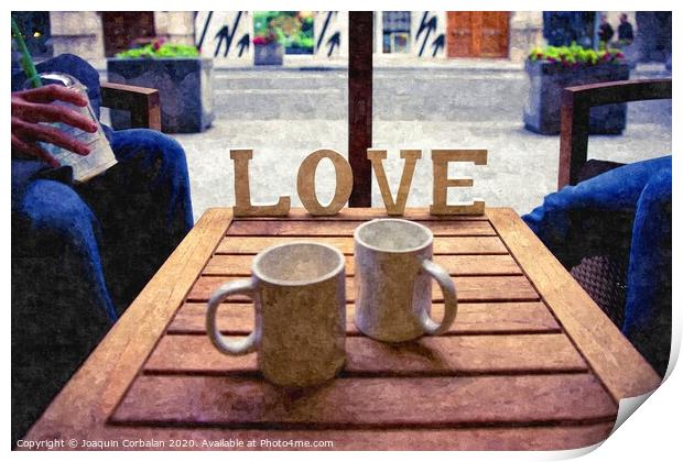 Word Love next to two cups of coffee on a table in a cafeteria, digital art oil painting from a photograph. Print by Joaquin Corbalan