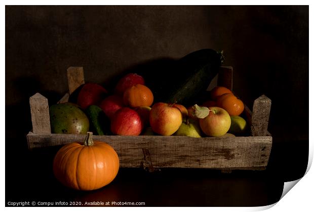 a still life of fruit in an old wooden box Print by Chris Willemsen