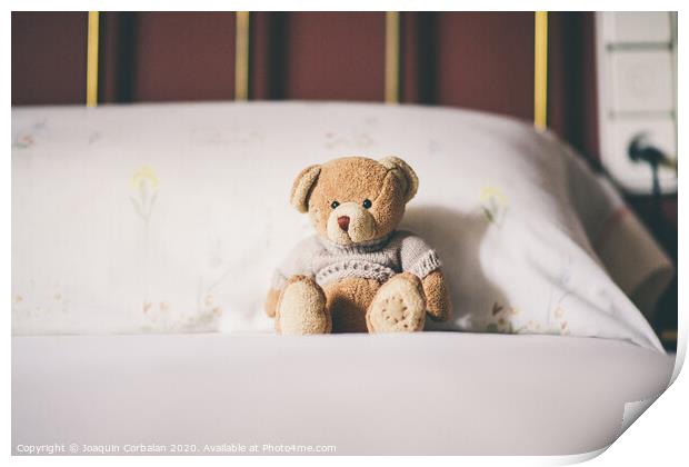 Teddy bear on the bed, space for text. Print by Joaquin Corbalan