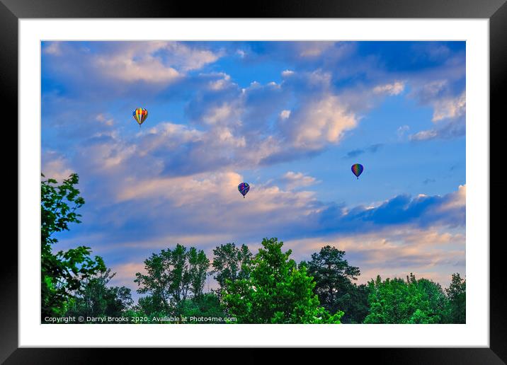 Three hot air balloons over trees Framed Mounted Print by Darryl Brooks