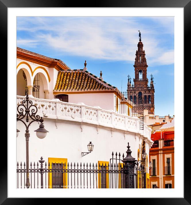 Bull Fight Ring Stadium Cityscape Giralda Spire Bell Tower Seville Spain Framed Mounted Print by William Perry