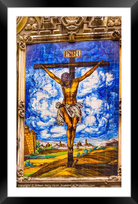 Christ Crucifixion on Cross Ceramic Street Mosaic  Framed Mounted Print by William Perry
