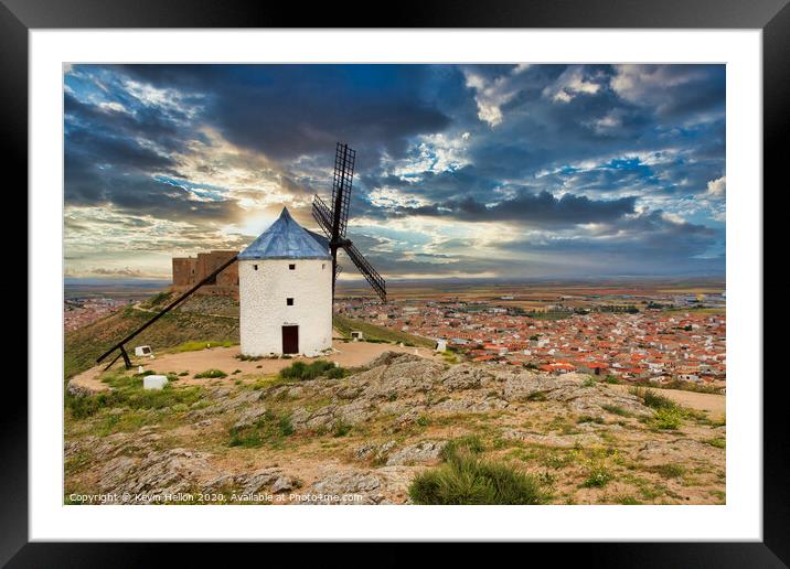 Windmill overlooking town of Consuegra, Spain Framed Mounted Print by Kevin Hellon