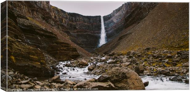 Panoramic photos of famous Icelandic waterfalls on cloudy days with geological formations. Canvas Print by Joaquin Corbalan