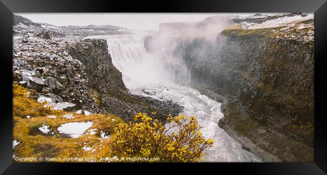 Panoramic photos of famous Icelandic waterfalls on cloudy days with geological formations. Framed Print by Joaquin Corbalan