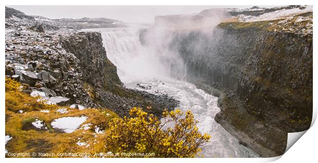 Panoramic photos of famous Icelandic waterfalls on cloudy days with geological formations. Print by Joaquin Corbalan