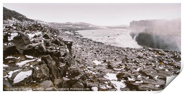 Panoramic photos of famous Icelandic waterfalls on cloudy days with geological formations. Print by Joaquin Corbalan