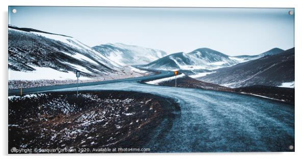 Asphalt mountain roads crossing dangerous Icelandic passes during a trip. Acrylic by Joaquin Corbalan