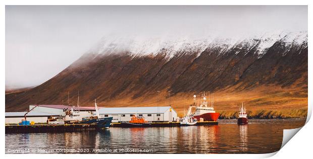 Fishing port of the village of Seydisfjordur, in Iceland, with vibrant colors and reflections in the sea of fishing boats. Print by Joaquin Corbalan