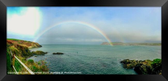 Double rainbow over the sea Newport Pembrokeshire Framed Print by Julie Tattersfield
