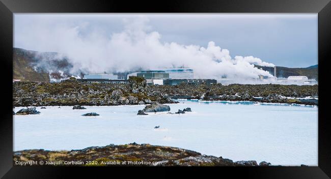 Lake with high amount of dissolved mineral salts and thermal power plant in the background, blue lagoon. Framed Print by Joaquin Corbalan
