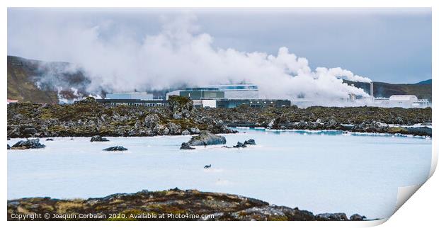Lake with high amount of dissolved mineral salts and thermal power plant in the background, blue lagoon. Print by Joaquin Corbalan