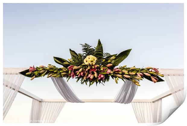 Floral decorations in the spaces of a wedding restaurant. Print by Joaquin Corbalan