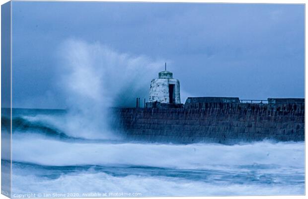 Ferocious Waves at Portreath Harbour Canvas Print by Ian Stone