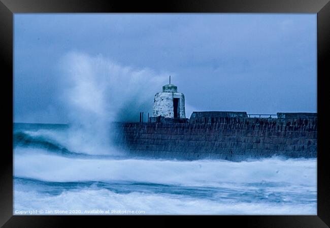 Ferocious Waves at Portreath Harbour Framed Print by Ian Stone