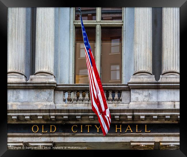 Old City Hall Sign with Flag Framed Print by Darryl Brooks