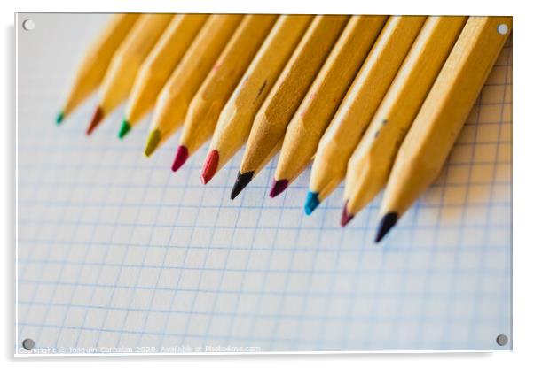 Group of pencils arranged on graph paper. Acrylic by Joaquin Corbalan
