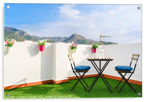 Beautiful white terrace with chairs and coffee table overlooking the Mediterranean mountain, blue sky. Acrylic by Joaquin Corbalan