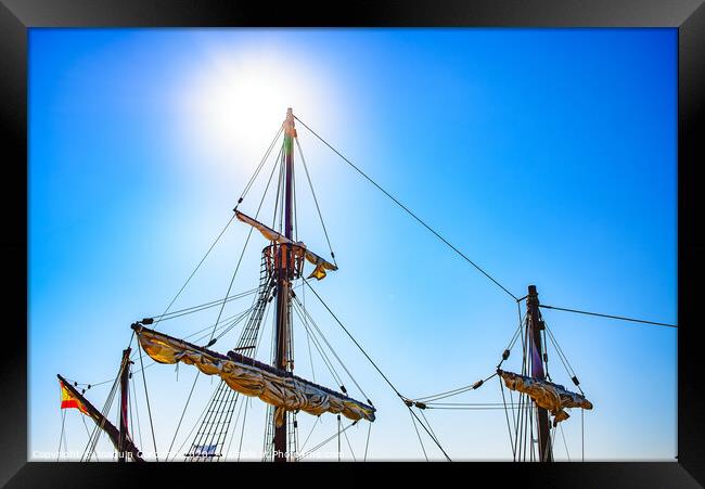 Sails and ropes of the main mast of a caravel ship, Santa María Columbus ships Framed Print by Joaquin Corbalan