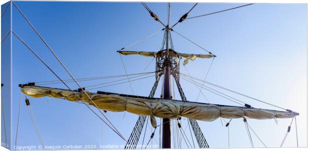 Sails and ropes of the main mast of a caravel ship, Santa María Columbus ships Canvas Print by Joaquin Corbalan
