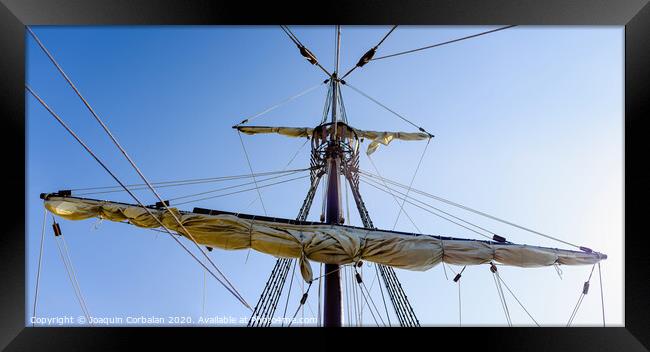 Sails and ropes of the main mast of a caravel ship, Santa María Columbus ships Framed Print by Joaquin Corbalan