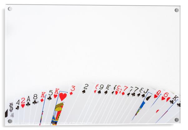 Deck of cards deployed with a white background and space for text. Acrylic by Joaquin Corbalan