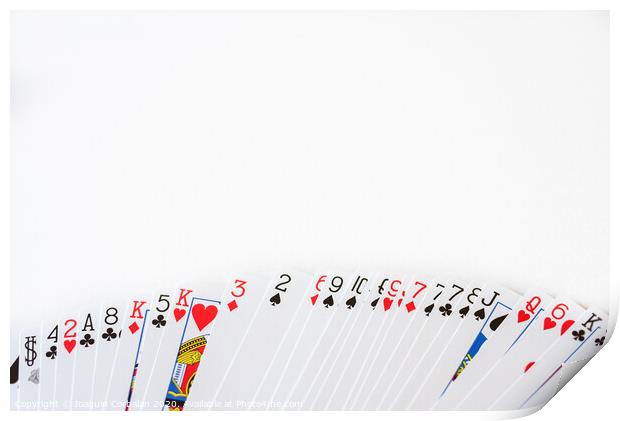Deck of cards deployed with a white background and space for text. Print by Joaquin Corbalan