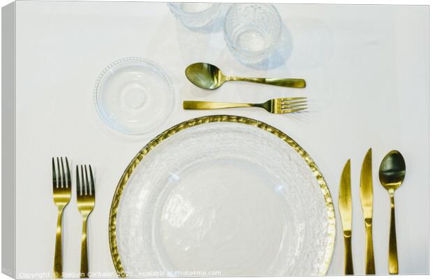 Luxury gold cutlery ideal for business meals or special occasions at Christmas. Canvas Print by Joaquin Corbalan