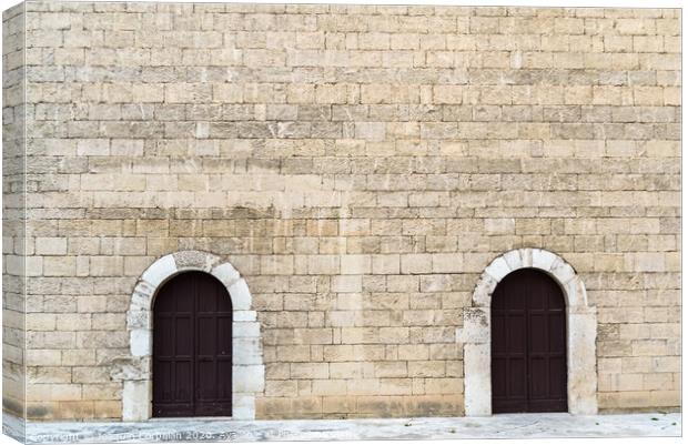 High stone walls with two symmetrical doors, medieval stone background. Canvas Print by Joaquin Corbalan