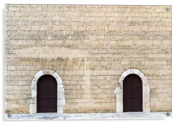 High stone walls with two symmetrical doors, medieval stone background. Acrylic by Joaquin Corbalan