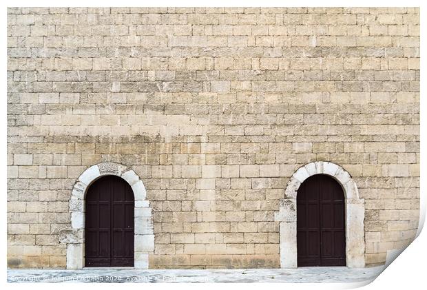 High stone walls with two symmetrical doors, medieval stone background. Print by Joaquin Corbalan