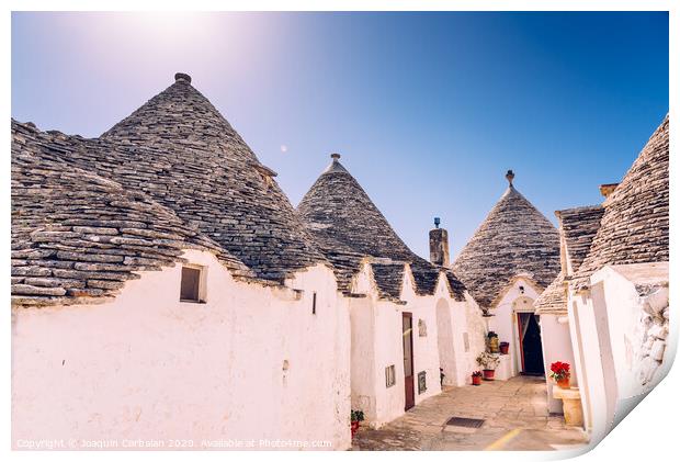 Houses of the tourist and famous Italian city of Alberobello, with its typical white walls and trulli conical roofs. Print by Joaquin Corbalan