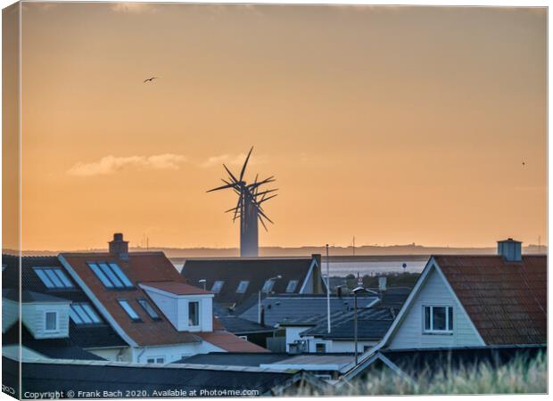 Thyboroen village at sunrise  with windfarm, Denmark Canvas Print by Frank Bach
