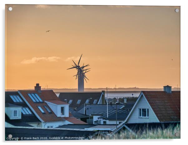 Thyboroen village at sunrise  with windfarm, Denmark Acrylic by Frank Bach