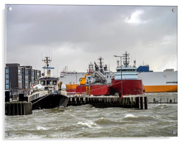 Supply ships for oil and wind power in Esbjerg flooded harbor, Denmark  Acrylic by Frank Bach